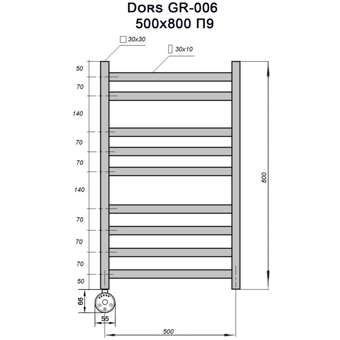 Полотенцесушитель GROIS Dors GR-006 500х800 П9 (2+3+4) RAL9005 черный матовый