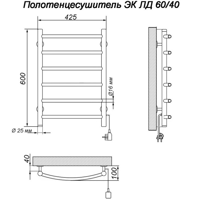 Полотенцесушитель Электрический кабельный Ника ЛД 60/40 прав (-)