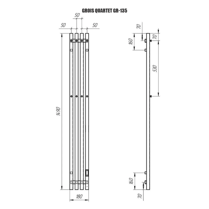 Полотенцесушитель Электрич. с/т GROIS Quartet GR-135 180х1500 П3 RAL 9005 R черный матовый