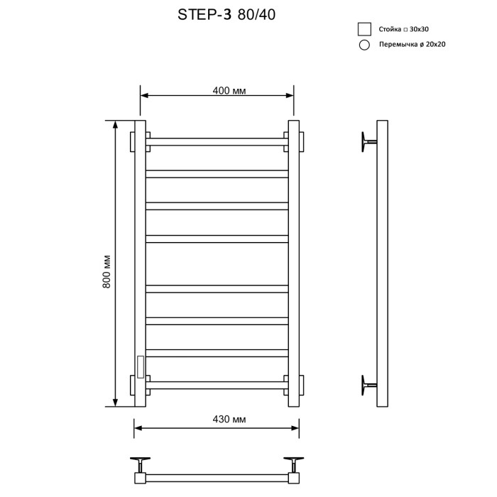 Полотенцесушитель Электрич.кабельный Ника STEP-3 80/40 RAL9005 черный матовый левый тэн