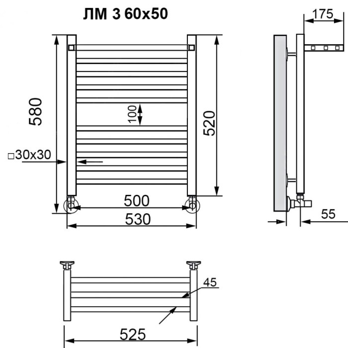 Полотенцесушитель Ника MODERN ЛМ-3 60/50 с вентилями (комплект люкс)