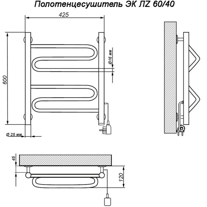 Полотенцесушитель Электрический кабельный Ника ЛZ 60/40 прав (-)