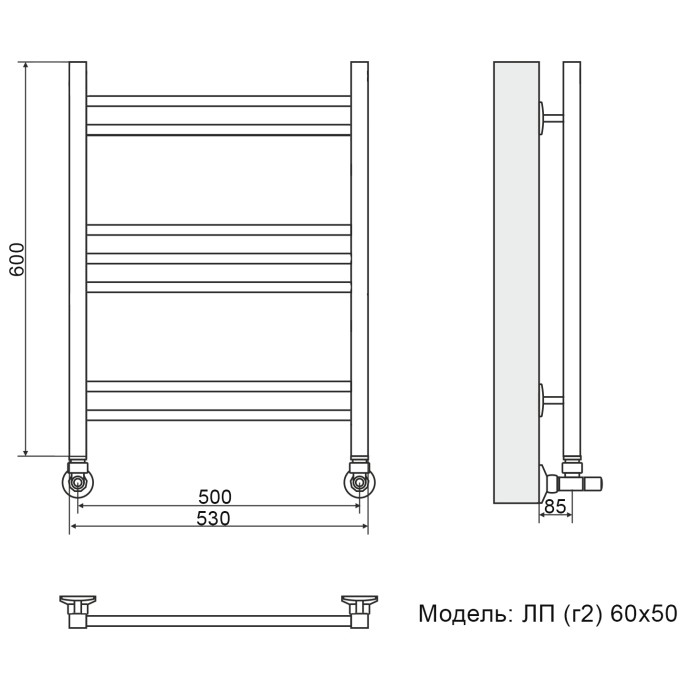 Полотенцесушитель Ника CLASSIC ЛП (Г2) 60/50 RAL9005 черный матовый с вентилями (комплект люкс)(-)