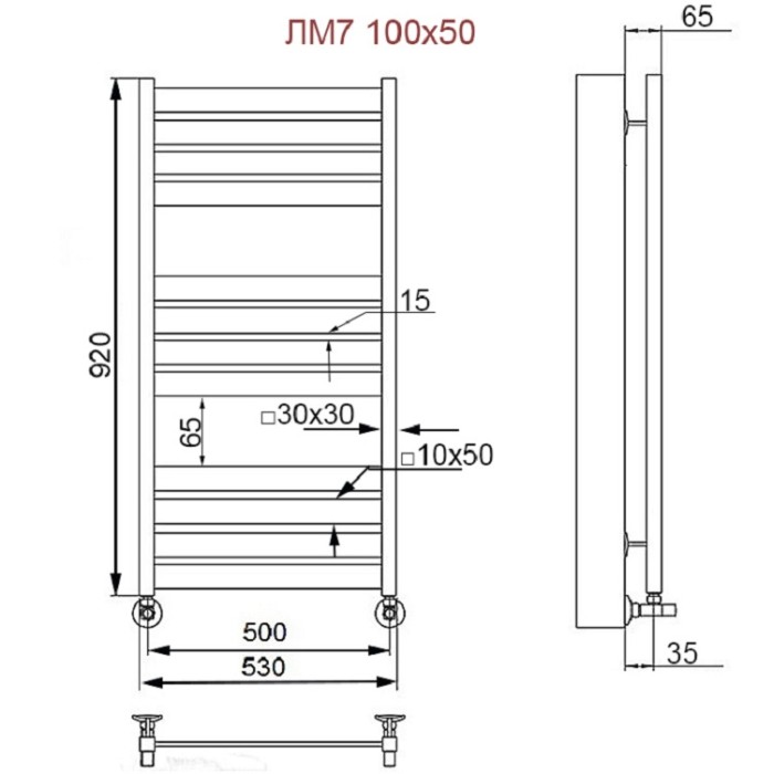 Полотенцесушитель Ника MODERN ЛМ-7 100/50 Matt Antique Silver с вентилями (комплект люкс)