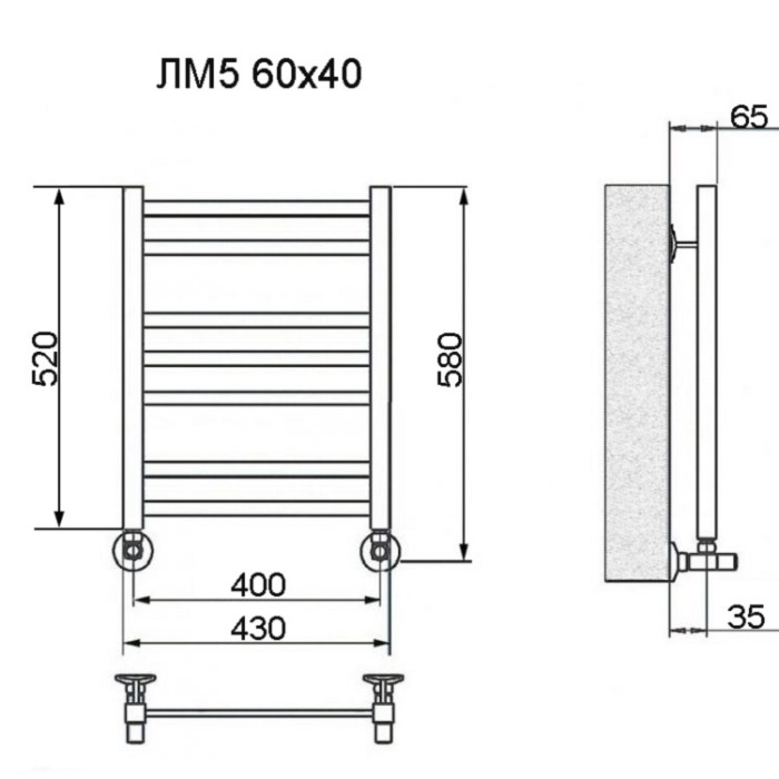 Полотенцесушитель Ника MODERN ЛМ-5 60/40 с вентилями (комплект люкс)
