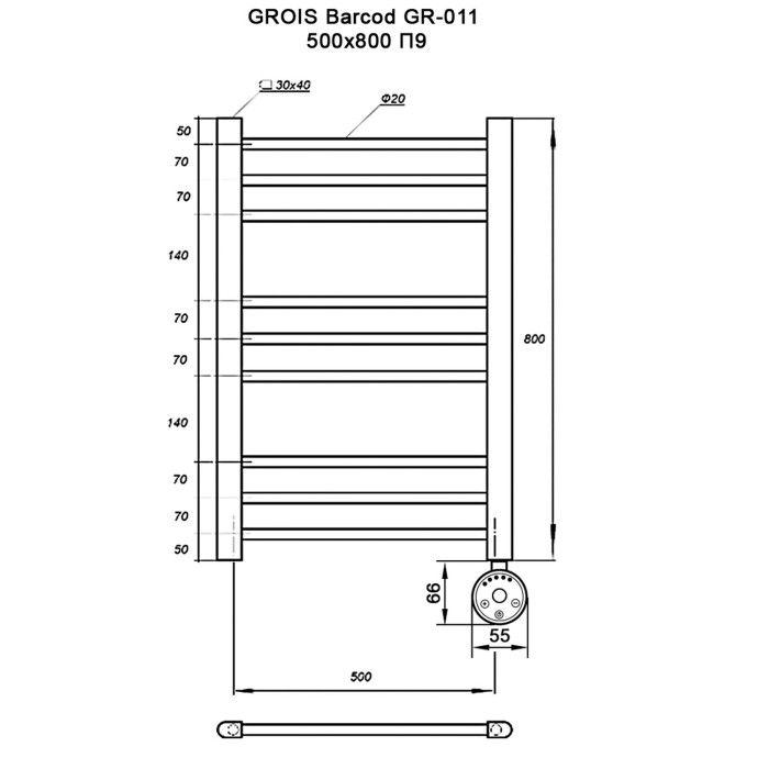 Полотенцесушитель GROIS Alias GR-004 500х800 П11 (3+3+5) RAL9003 белый матовый