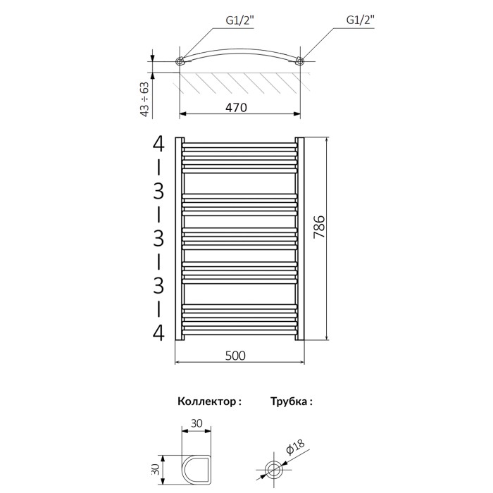 Полотенцесушитель Terma DOMI 786/500 RAL 9005 черный матовый, подкл. SX