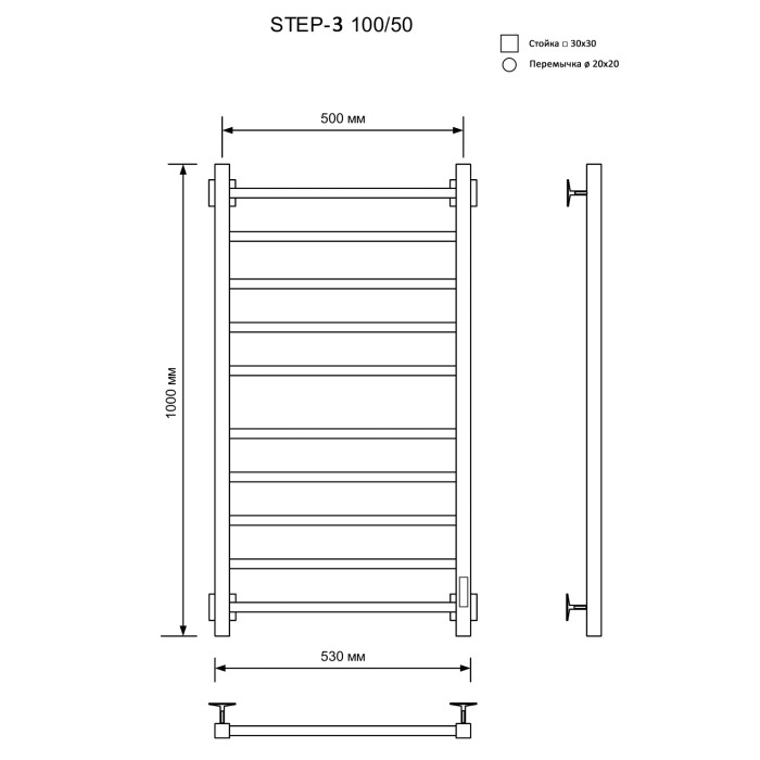 Полотенцесушитель Электрич.кабельный Ника STEP-3 100/50 RAL9005 черный матовый правый тэн